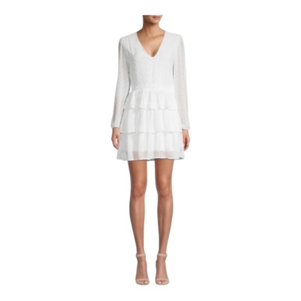 Koko + Mason NWT White Swiss Dot Ruffle Tiered Mini Dress Puff Sleeve M